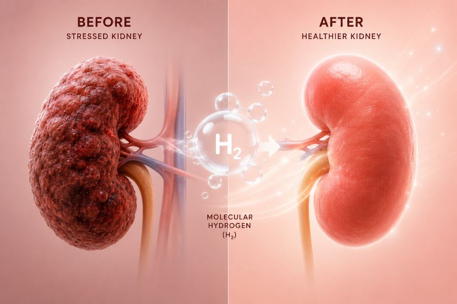 Before and after illustration: a dark, stressed kidney on the left and a healthy kidney on the right, with a molecular hydrogen (H₂) bubble and arrow between them