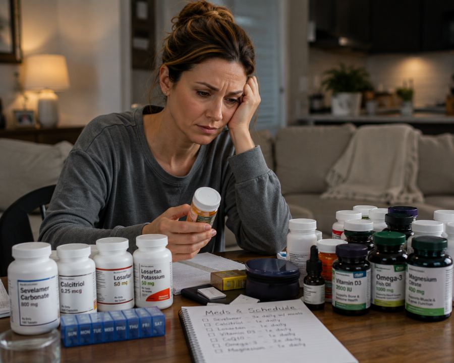 A woman at her kitchen table looking worried, surrounded by prescription bottles and a handwritten medication schedule