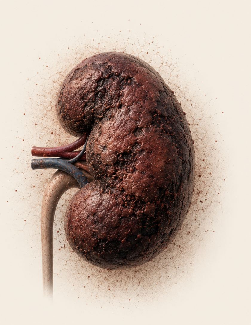 A dark, corroded kidney showing the oxidative wear a standard care plan does not address