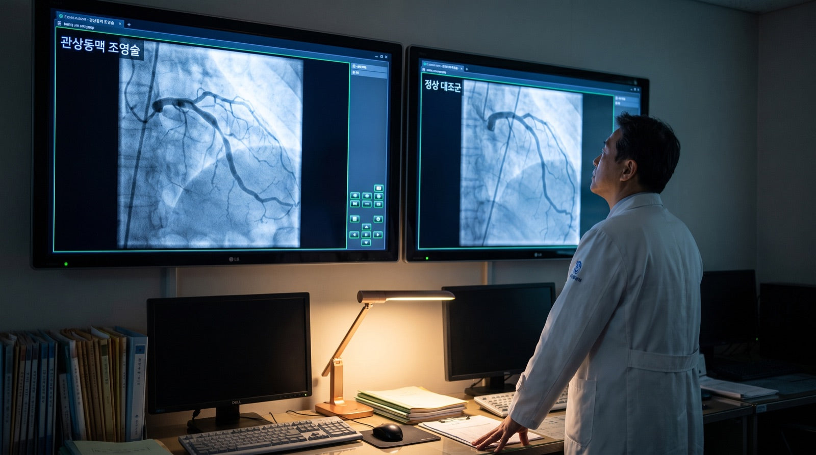 A physician in a white coat standing in a dim cardiology reading room, looking up at two wall monitors showing coronary angiograms side by side, with Korean-language labels on screen.