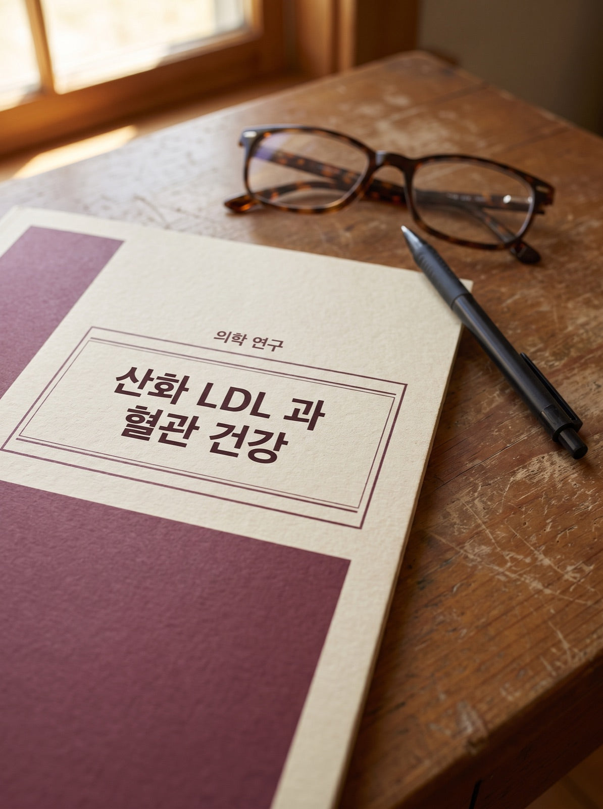A Korean-language medical journal on a wooden desk, cover reading 의학 연구 and the article title 산화 LDL 과 혈관 건강.