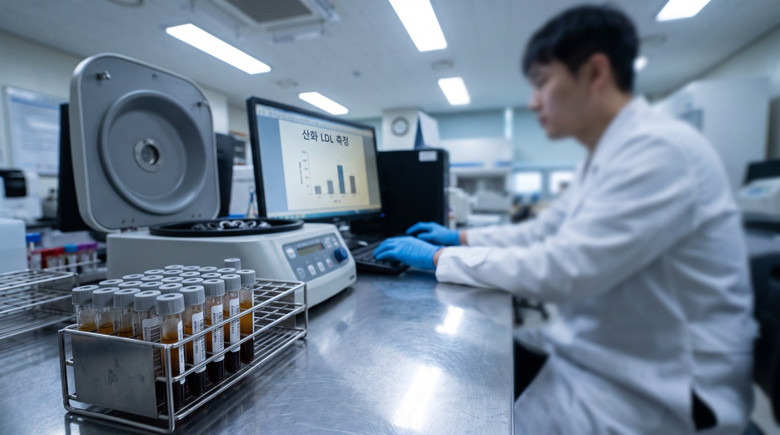 A Korean clinical research laboratory with serum sample tubes and a centrifuge in the foreground and a researcher at a monitor showing a chart labelled 산화 LDL 측정.