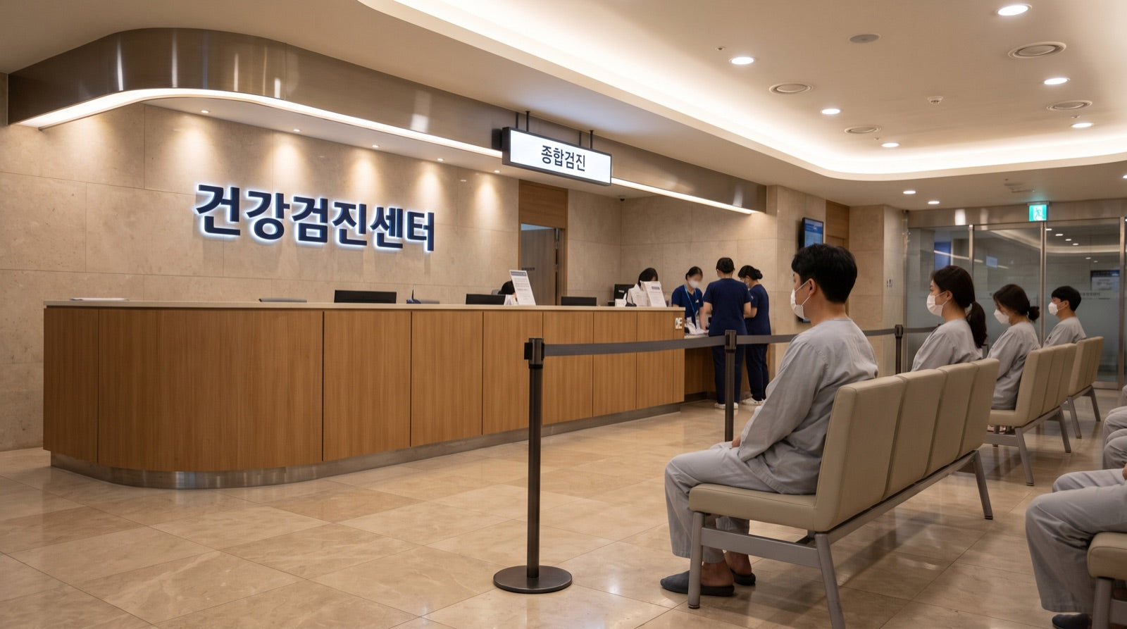 The reception area of a comprehensive health screening centre in a Korean hospital, with Korean signage reading 건강검진센터 and 종합검진, and people in grey screening gowns waiting in a row of chairs.