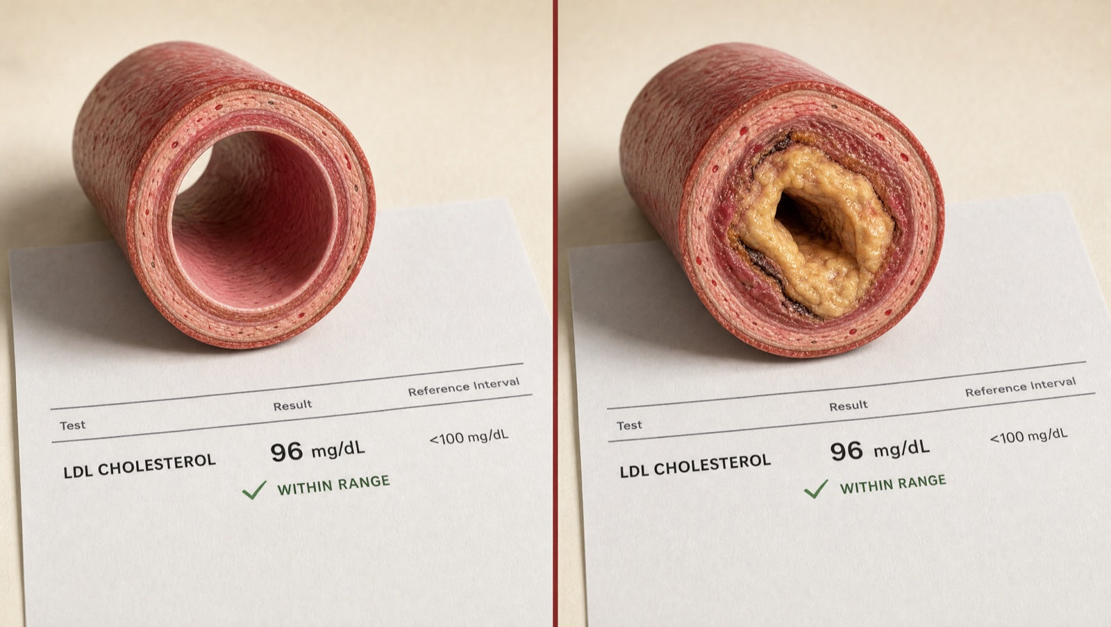 Two coronary artery cross-sections with identical LDL readings — one clear and open, one heavily narrowed by plaque.