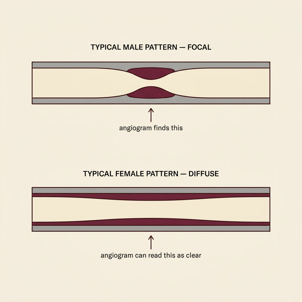 Two artery cross-sections: the typical male focal pattern with one discrete narrowing, and the typical female diffuse pattern where the wall thickens evenly while the channel stays open.