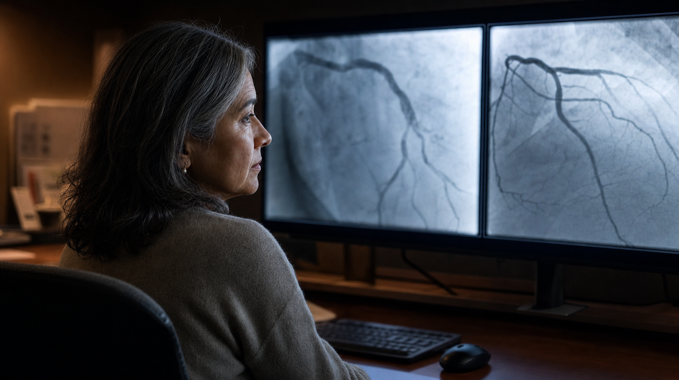 A woman in her late fifties in a dim cardiology reading room, looking at two coronary angiograms displayed side by side on wall monitors.