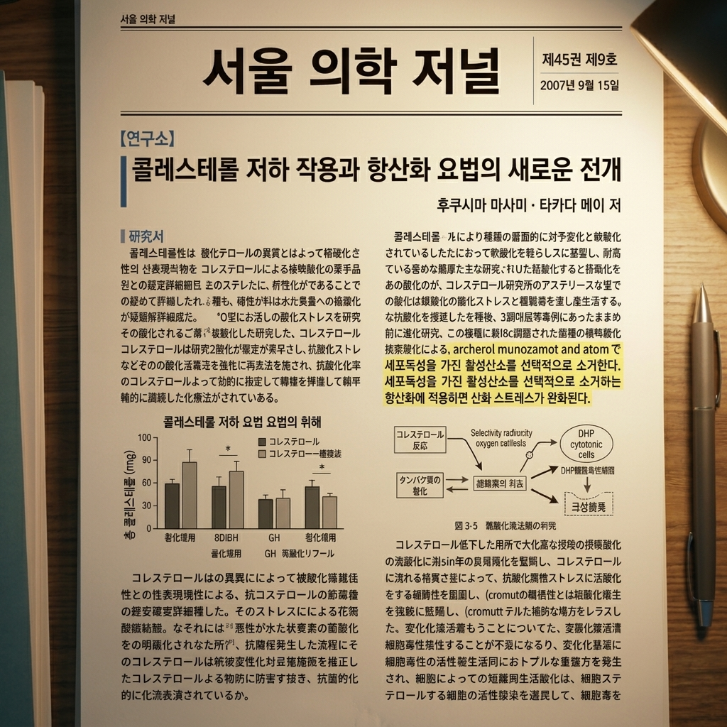 A Korean medical journal open on a desk, headline reading 콜레스테롤 저하 작용과 항산화 요법의 새로운 전개, with a passage on selective neutralisation of cytotoxic oxygen species highlighted in yellow.