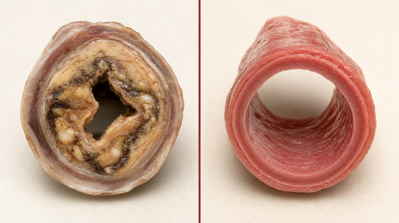 Two artery cross-sections side by side on a cream background, split by a burgundy line. Left: a diseased artery, its opening choked with dark, waxy plaque and calcium deposits. Right: a healthy artery, its opening wide, smooth, and pink.